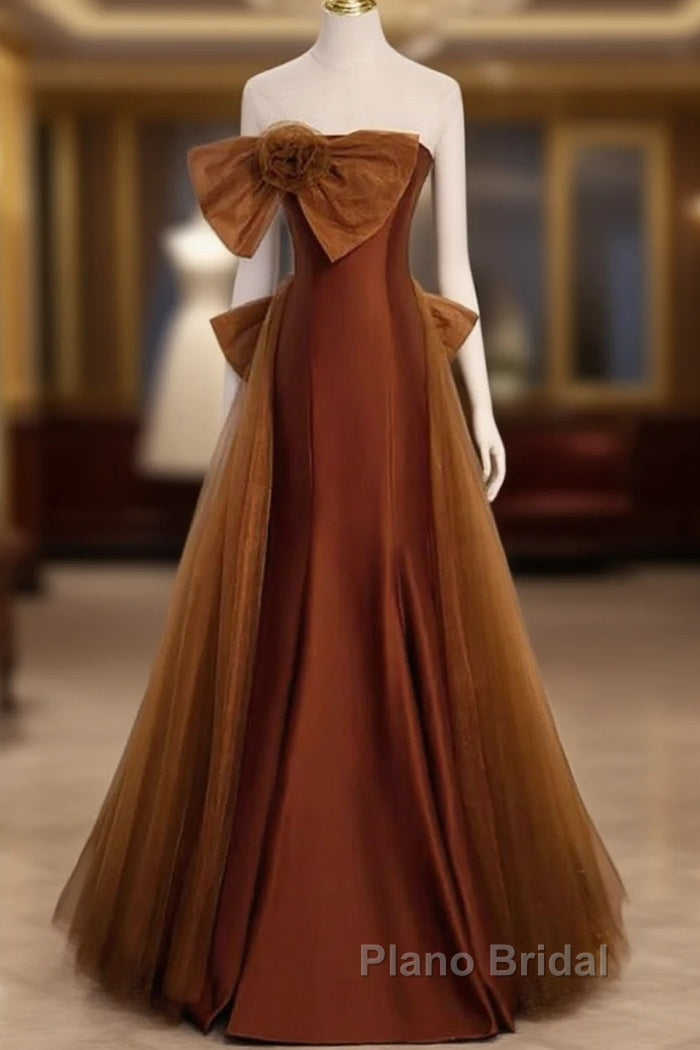 Brown Tulle And Satin Mermaid Long Party Dresses, Long Formal Dresses Formal Prom Dresses Main image