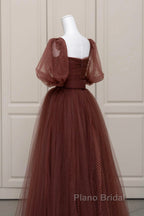 Brown Tulle Floor Length Formal Prom Dresses, A-Line Short Sleeve Evening Party Dresses