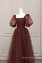 Brown Tulle Floor Length Formal Prom Dresses, A-Line Short Sleeve Evening Party Dresses