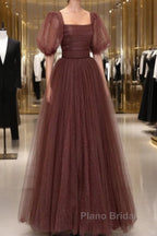 Brown Tulle Floor Length Formal Prom Dresses, A-Line Short Sleeve Evening Party Dresses