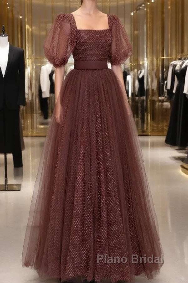 Brown Tulle Floor Length Formal Prom Dresses, A-Line Short Sleeve Evening Party Dresses