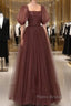 Brown Tulle Floor Length Formal Prom Dresses, A-Line Short Sleeve Evening Party Dresses