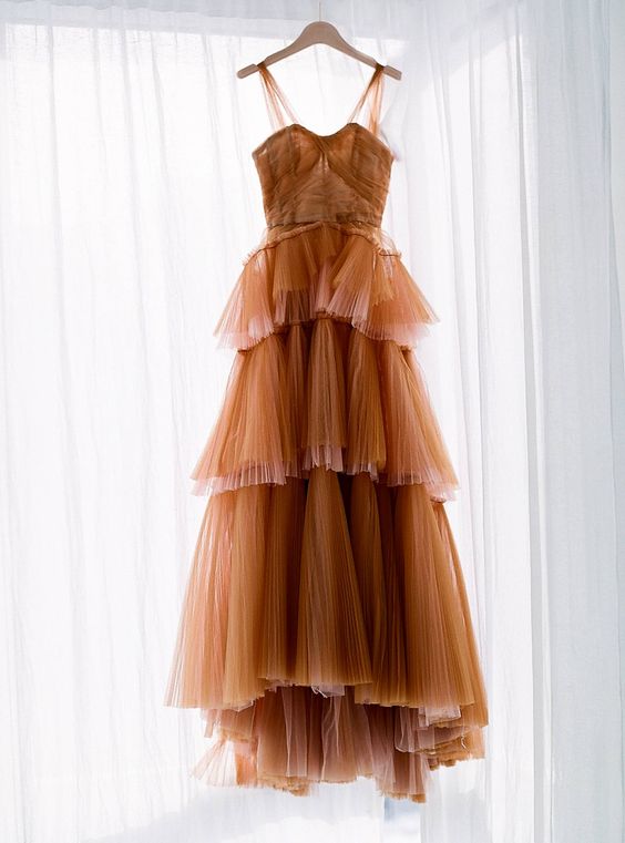 Brown Tulle Long Formal Prom Dresses, Formal Evening Dresses