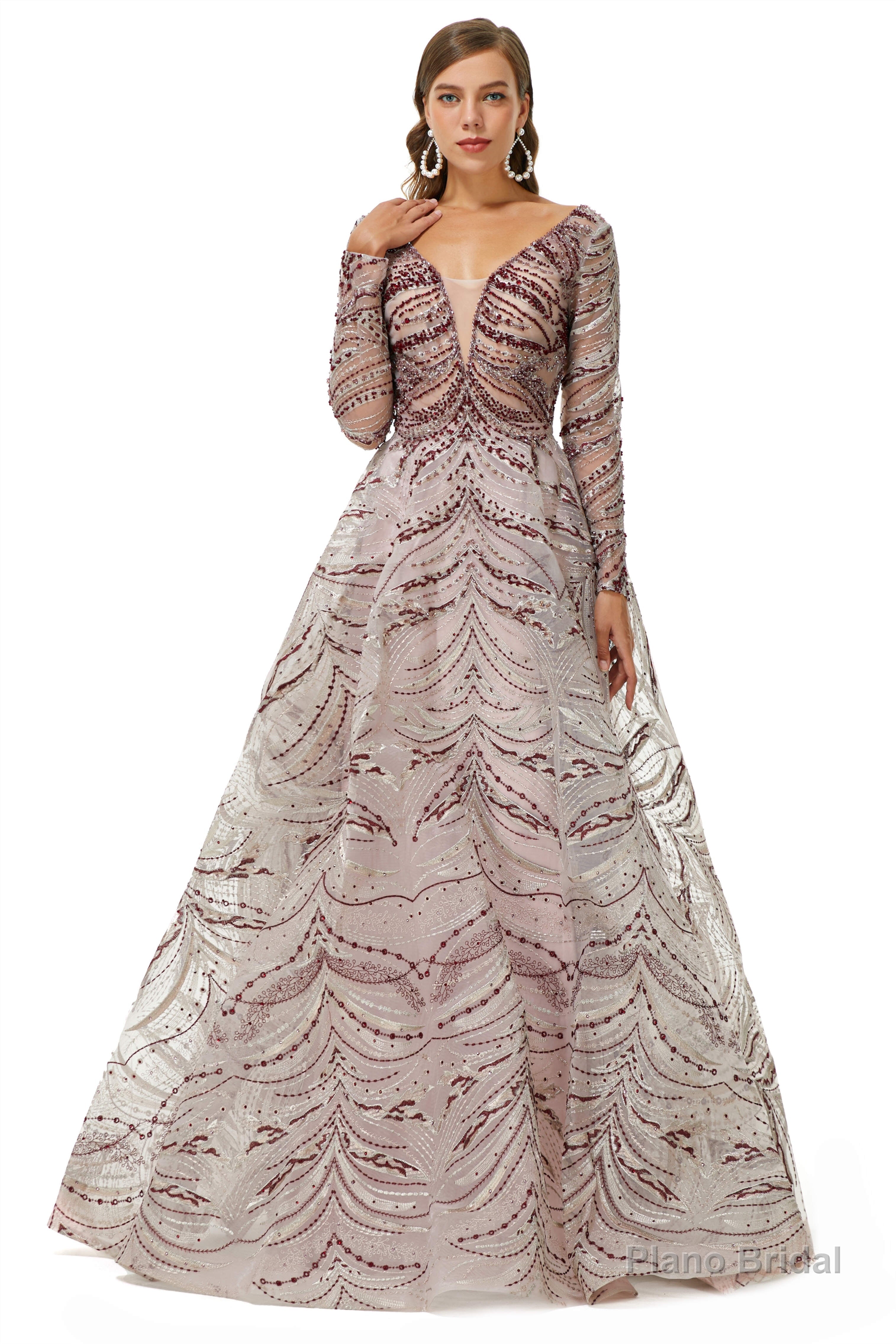 Brown Tulle Long Sleeve Backless Beading Prom Dresses Main image