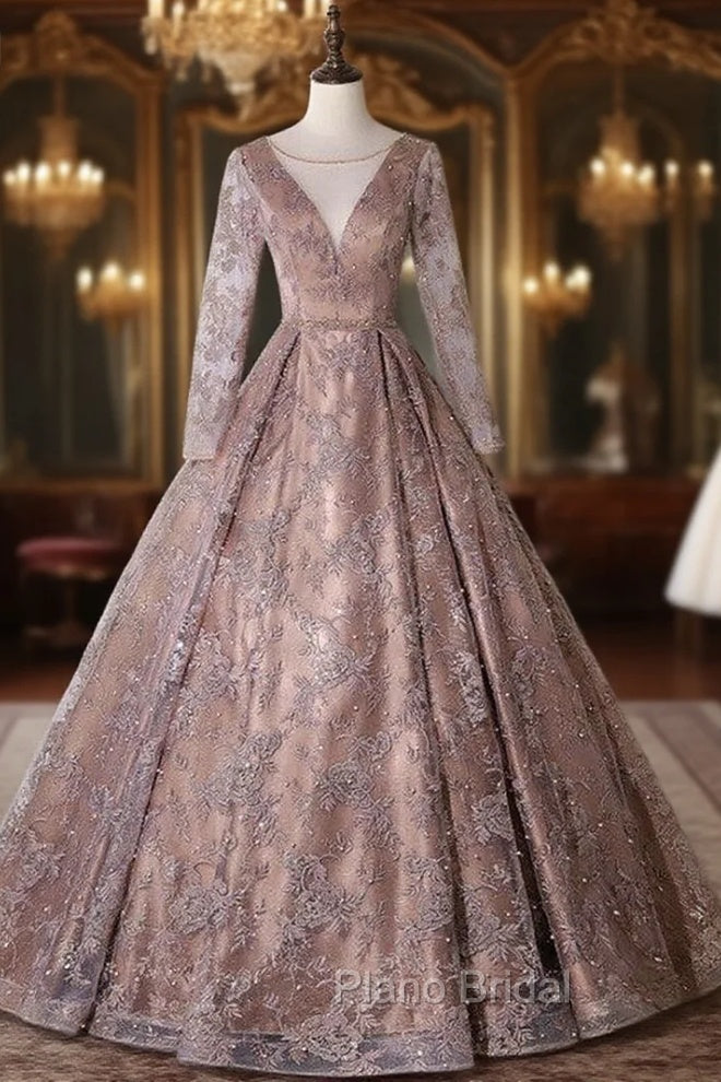 Brown Tulle Long Sleeve Pearls Embroidery Quinceanera Dresses Main image