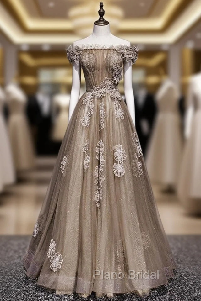 Brown Tulle Off the Shoulder Long Formal Prom Dresses