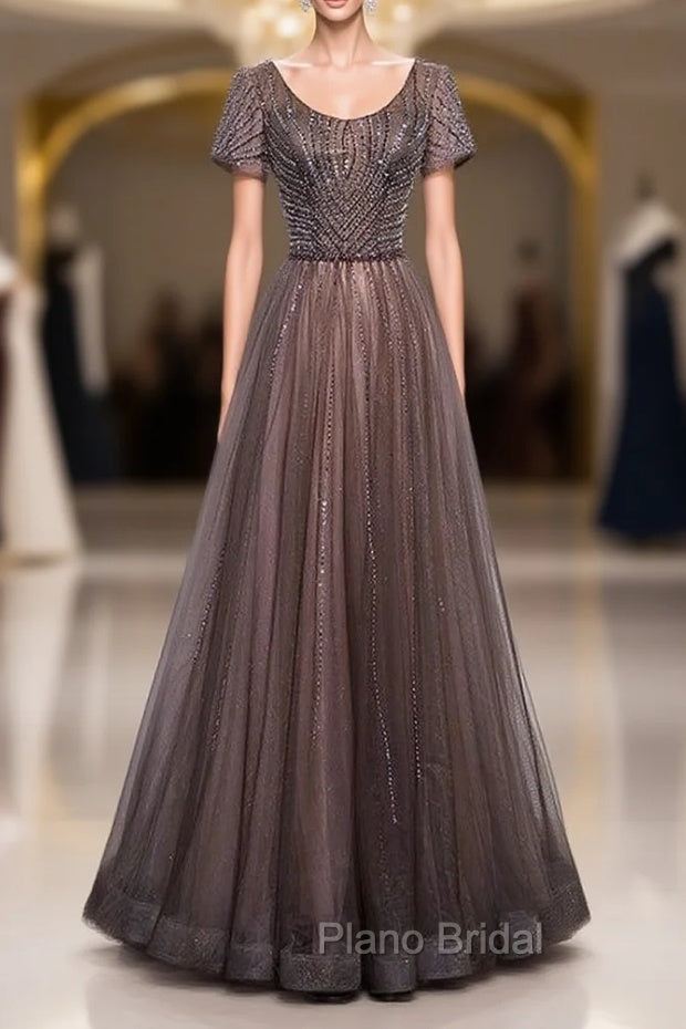 Brown Tulle V-neck Short Sleeve Beading Sequins Formal Prom Dresses Main image