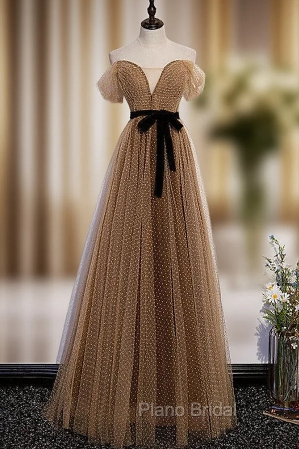 Brown Wave Point Tulle Off the Shoulder Formal Prom Dresses