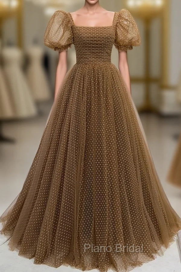 Brown Wave Point Tulle Puff Sleeve Formal Prom Dresses Main image