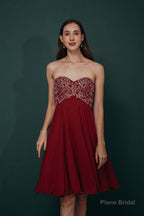 A-line Embroidery Chiffon Short Strapless Corset Back Beaded Homecoming Dresses