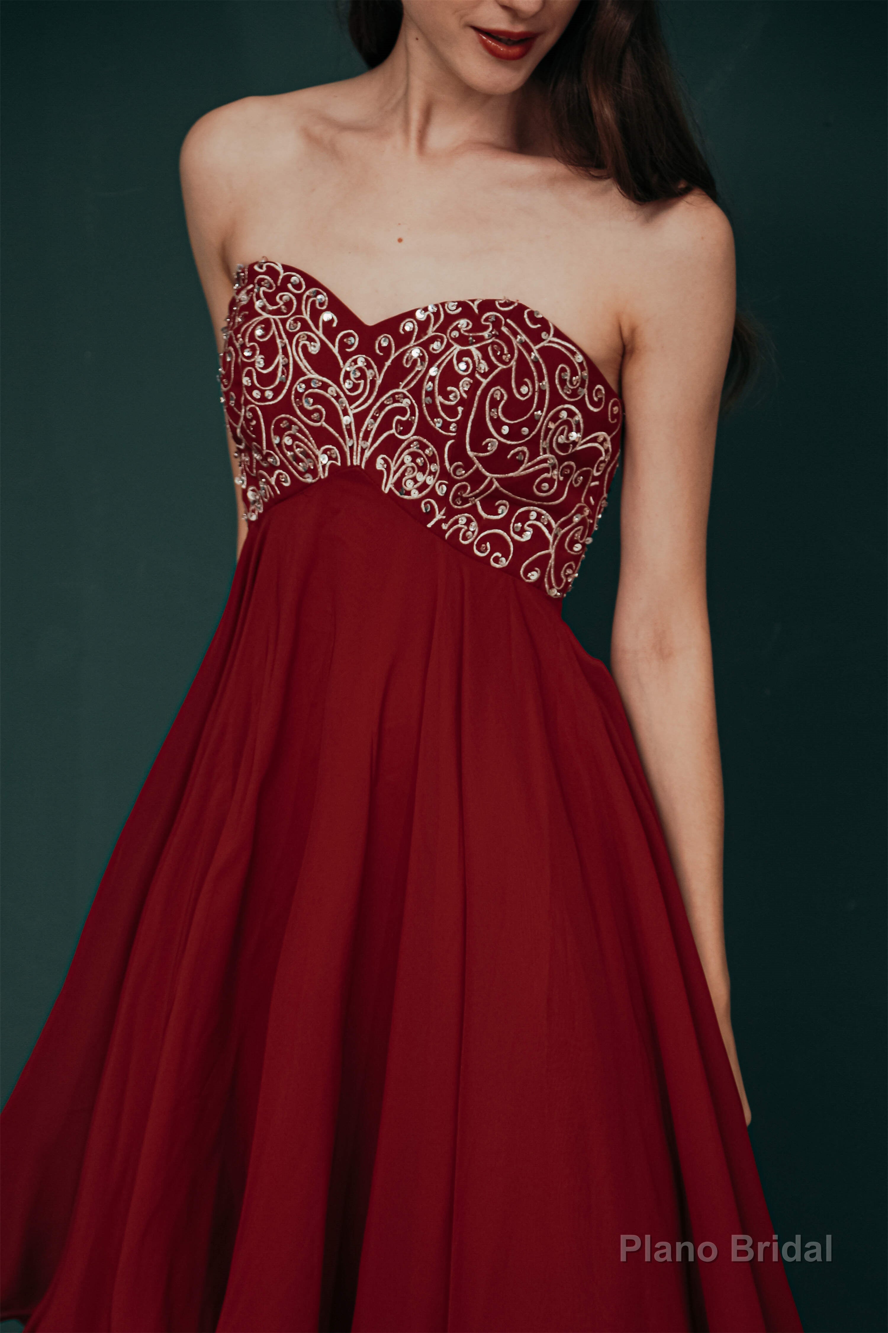 A-line Embroidery Chiffon Short Strapless Corset Back Beaded Homecoming Dresses