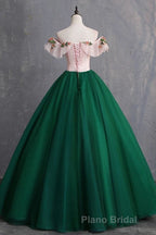 Green Off the Shoulder Floor Length Formal Prom Dresses with Appliques, Puffy Quinceanera Dresses