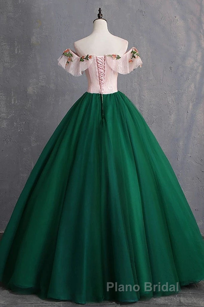 Green Off the Shoulder Floor Length Formal Prom Dresses with Appliques, Puffy Quinceanera Dresses