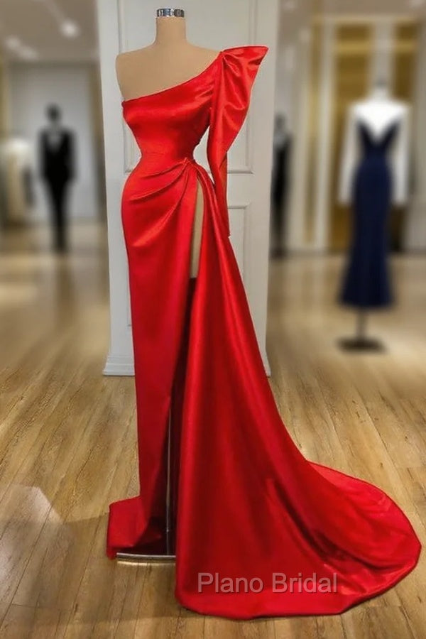 Bubble Sleeve One-shoulder Red High-split Long Evening Dresses
