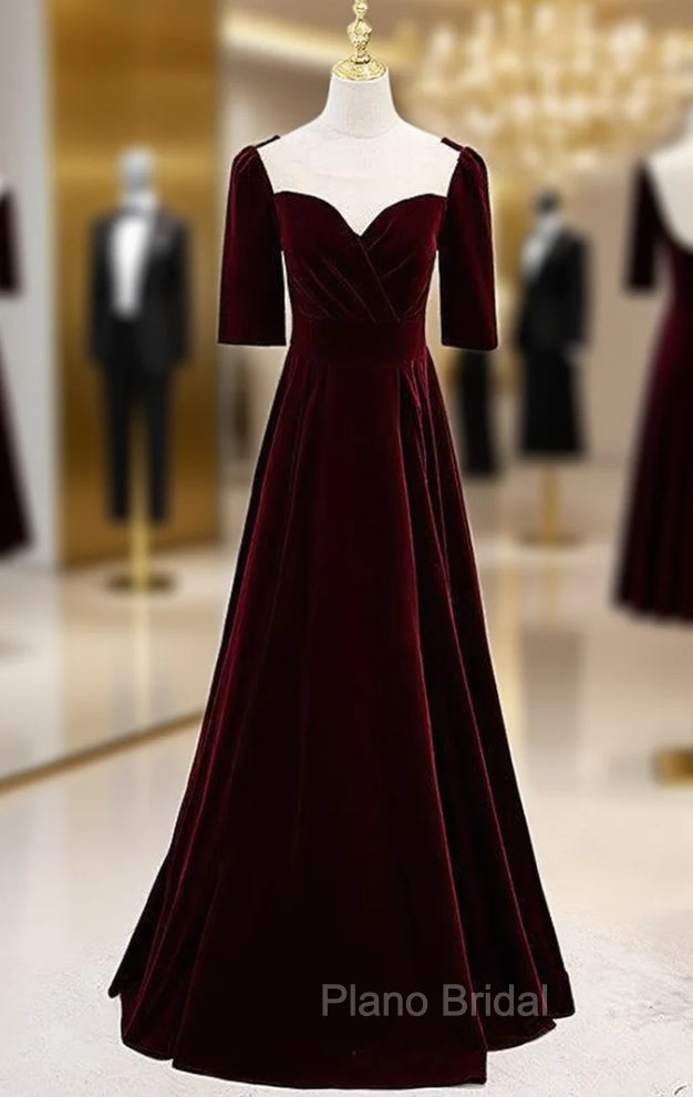 Burgudny Velvet Square Short Sleeve Pleats Formal Prom Dresses Main image