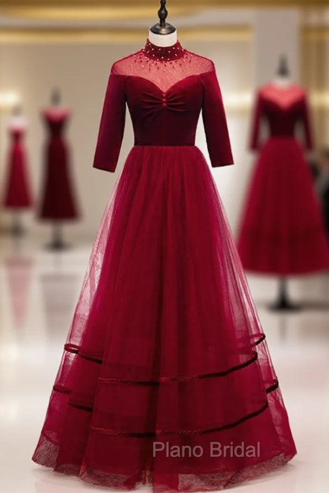 Burgund Tulle Velvet Half Sleeve Beading Formal Prom Dresses Main image