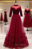 Burgund Tulle Velvet Half Sleeve Beading Formal Prom Dresses