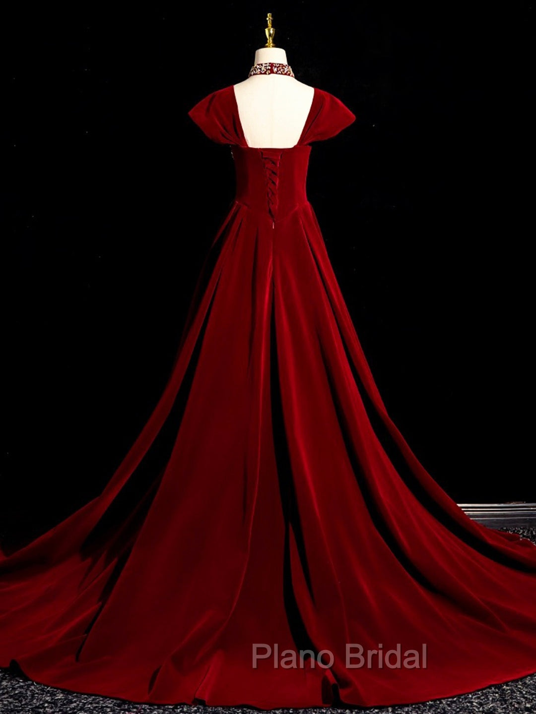 Burgundy A Line Beaded Velvet Long Formal Prom Dresses