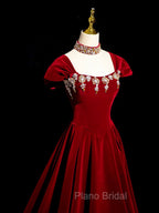 Burgundy A Line Beaded Velvet Long Formal Prom Dresses