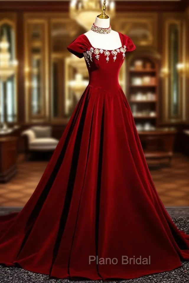 Burgundy A Line Beaded Velvet Long Formal Prom Dresses