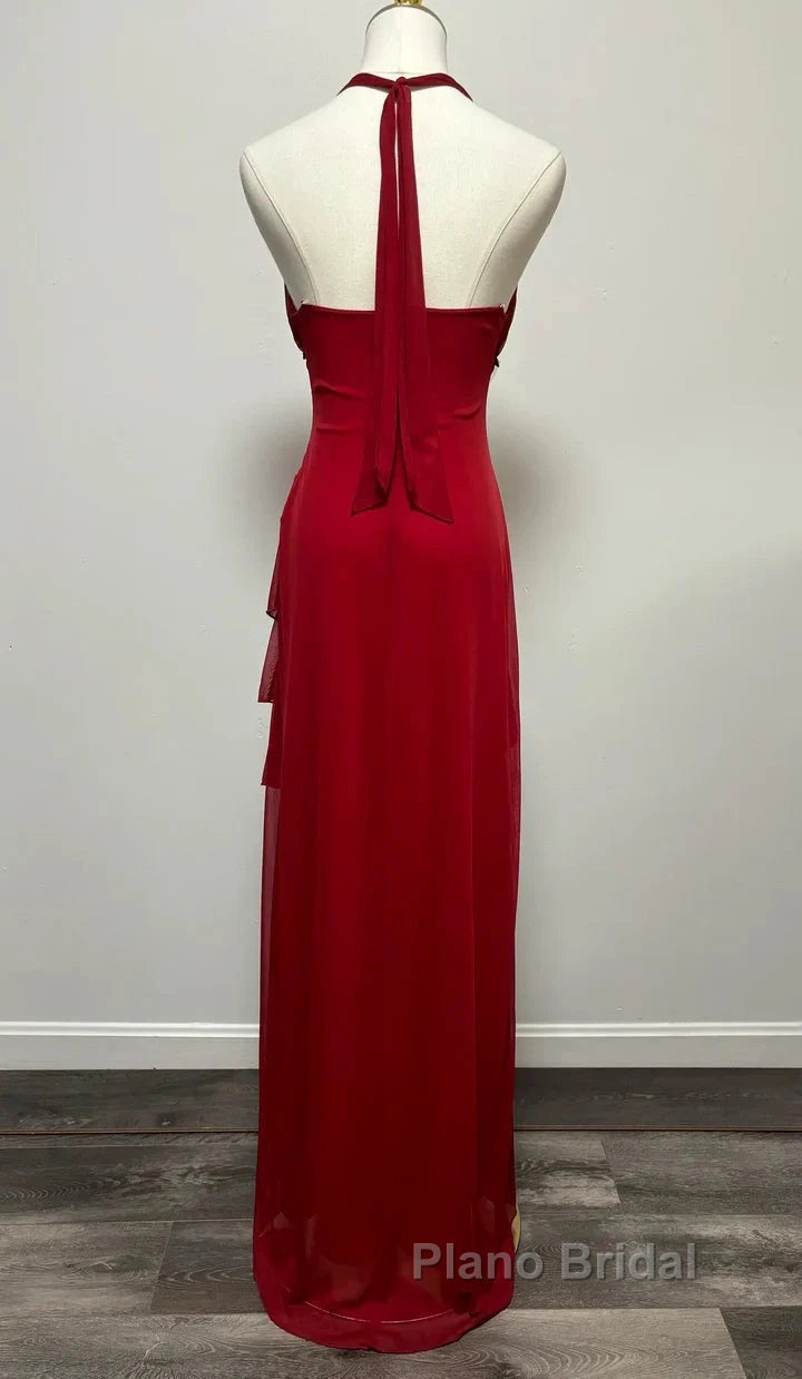 Burgundy A-Line Halter V Neck Chiffon Backless Formal Prom Dresses,Bridesmaid Dresses With Ankle Length