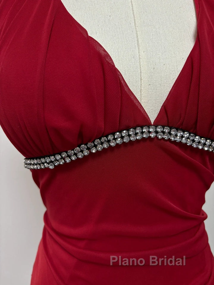 Burgundy A-Line Halter V Neck Chiffon Backless Formal Prom Dresses,Bridesmaid Dresses With Ankle Length