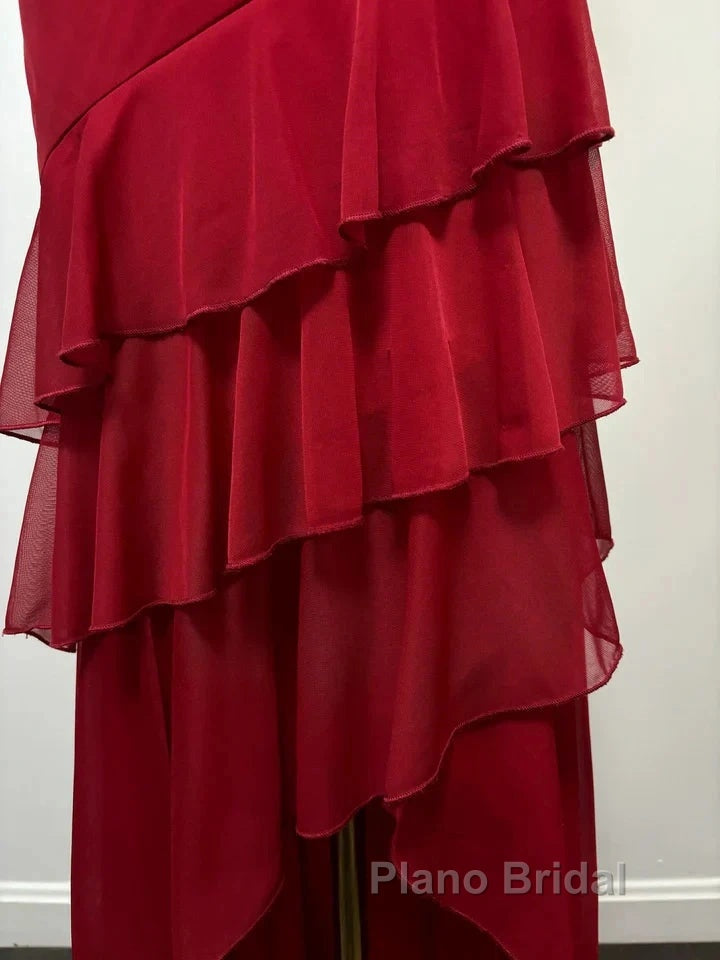 Burgundy A-Line Halter V Neck Chiffon Backless Formal Prom Dresses,Bridesmaid Dresses With Ankle Length