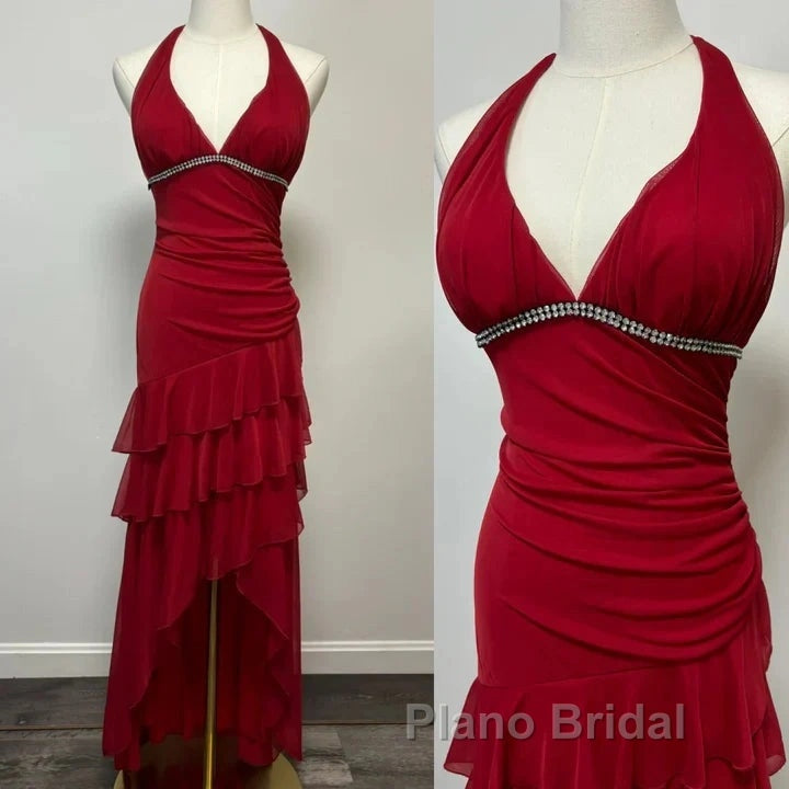Burgundy A-Line Halter V Neck Chiffon Backless Formal Prom Dresses,Bridesmaid Dresses With Ankle Length