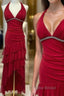 Burgundy A-Line Halter V Neck Chiffon Backless Formal Prom Dresses,Bridesmaid Dresses With Ankle Length