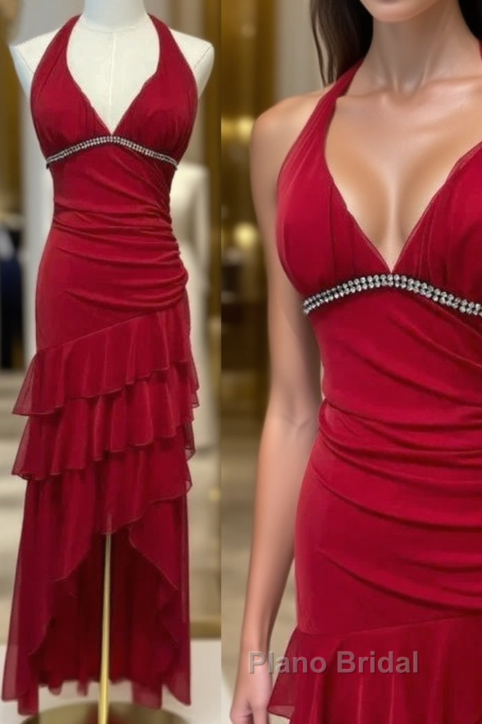 Burgundy A-Line Halter V Neck Chiffon Backless Formal Prom Dresses,Bridesmaid Dresses With Ankle Length Main image