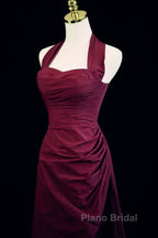 Burgundy A-Line Halter Vintage Style Formal Prom Dresses, Burgundy Long Evening Dresses