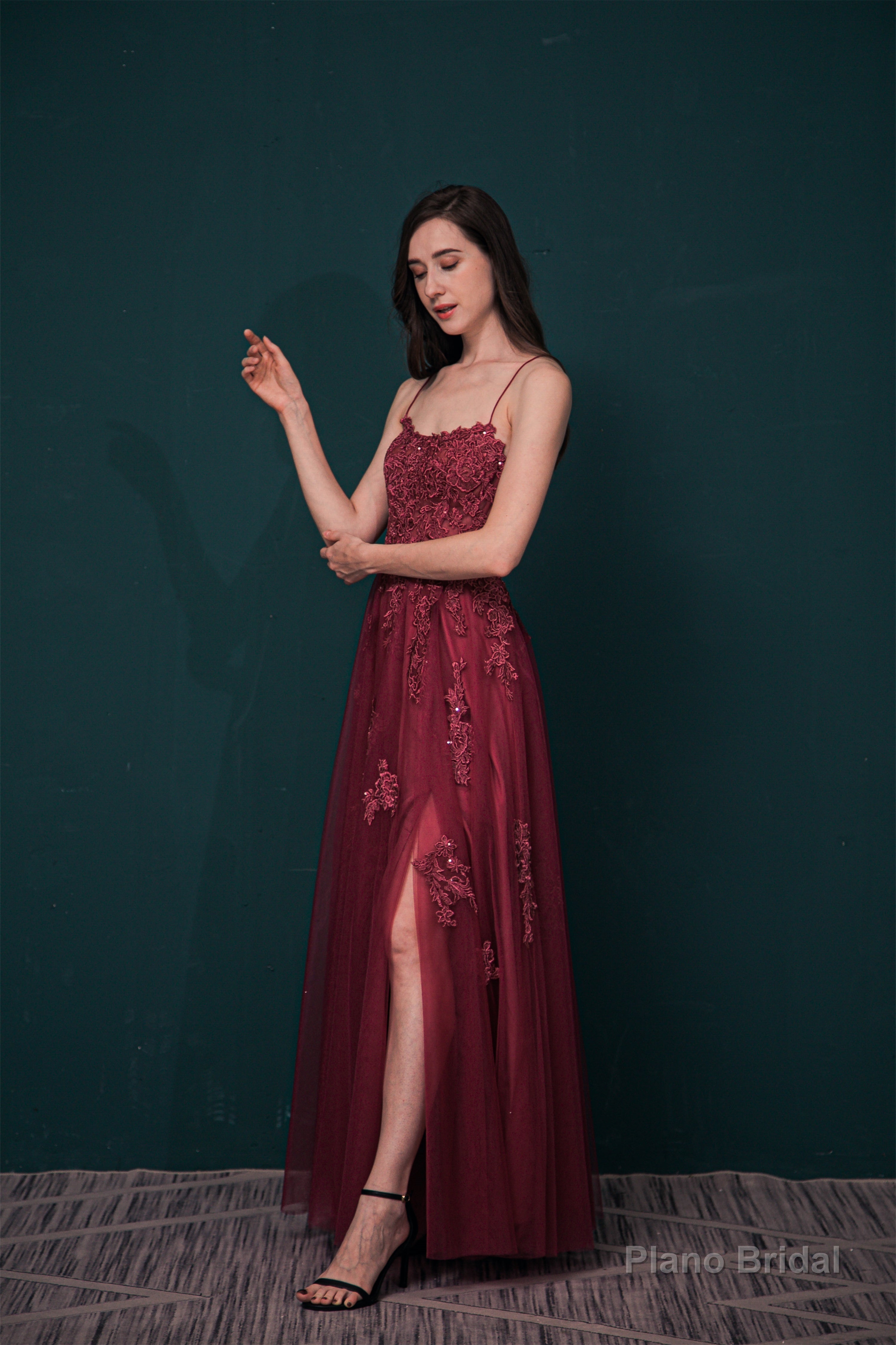 A-line Lace Appliques Long Prom Dresses