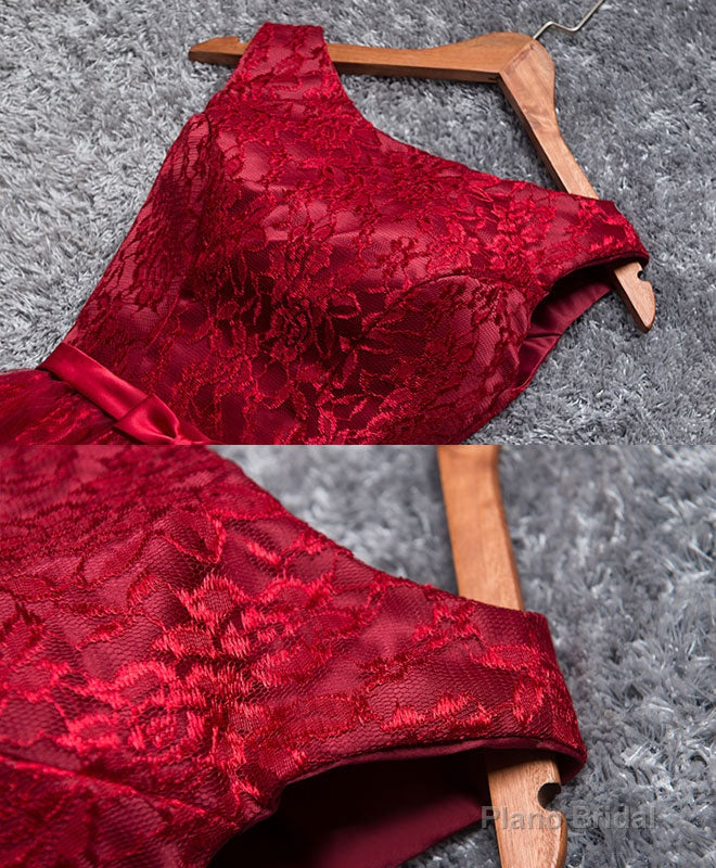 Burgundy A Line Lace Short Prom Dress, Burgundy Evening Dress Secondary image