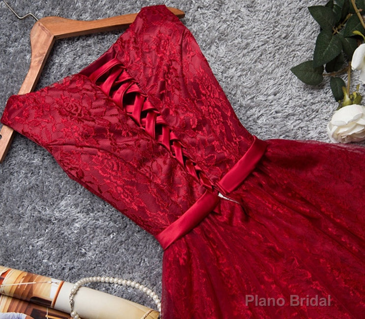 Burgundy A Line Lace Short Prom Dress, Burgundy Evening Dress