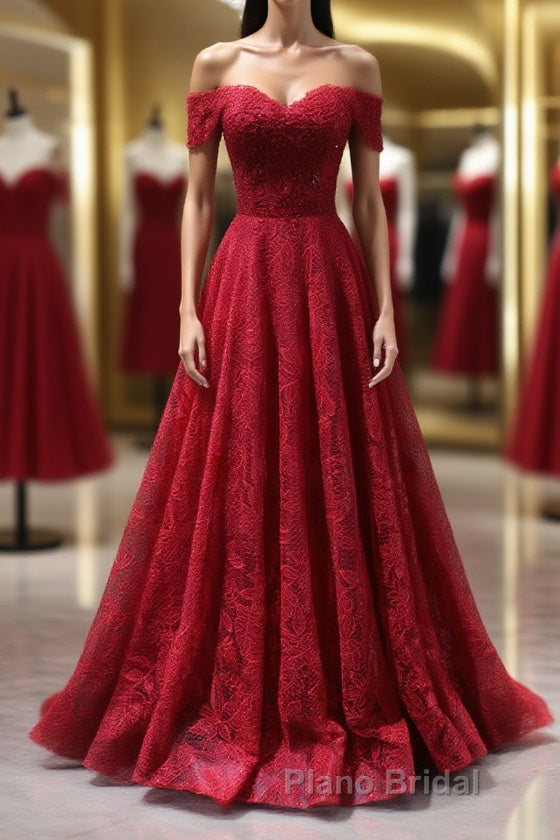Burgundy A line lace tulle beads long Formal Prom dress, burgundy bridesmaid dress Main image