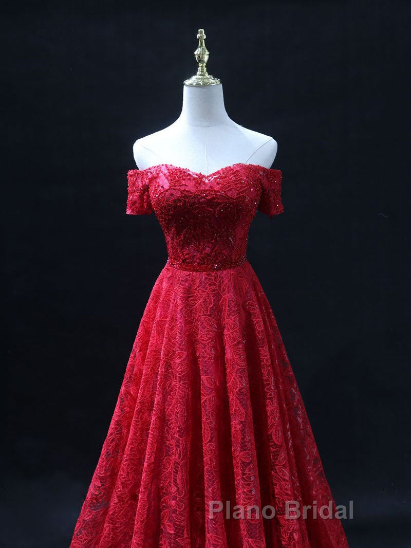 Burgundy A line lace tulle beads long Formal Prom dress, burgundy bridesmaid dress