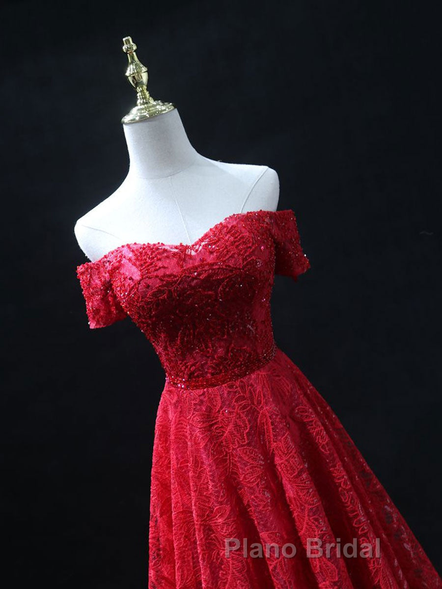 Burgundy A line lace tulle beads long Formal Prom dress, burgundy bridesmaid dress