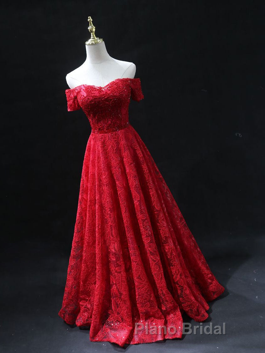 Burgundy A line lace tulle beads long Formal Prom dress, burgundy bridesmaid dress