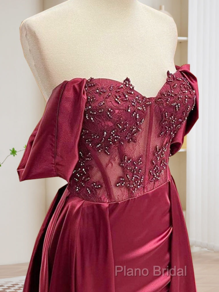 Burgundy A-Line Off Shoulder Satin Lace Long Formal Prom Dresses, Burgundy Long Formal Dresses Secondary image