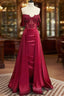 Burgundy A-Line Off Shoulder Satin Lace Long Formal Prom Dresses, Burgundy Long Formal Dresses