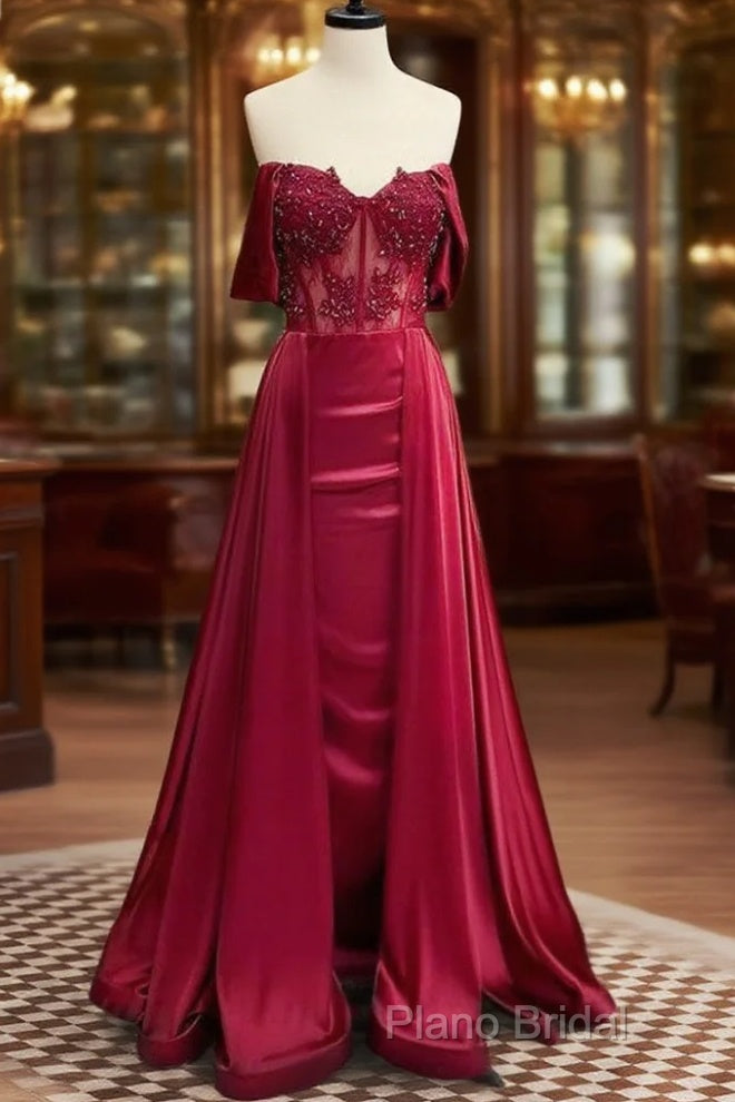 Burgundy A-Line Off Shoulder Satin Lace Long Formal Prom Dresses, Burgundy Long Formal Dresses Main image