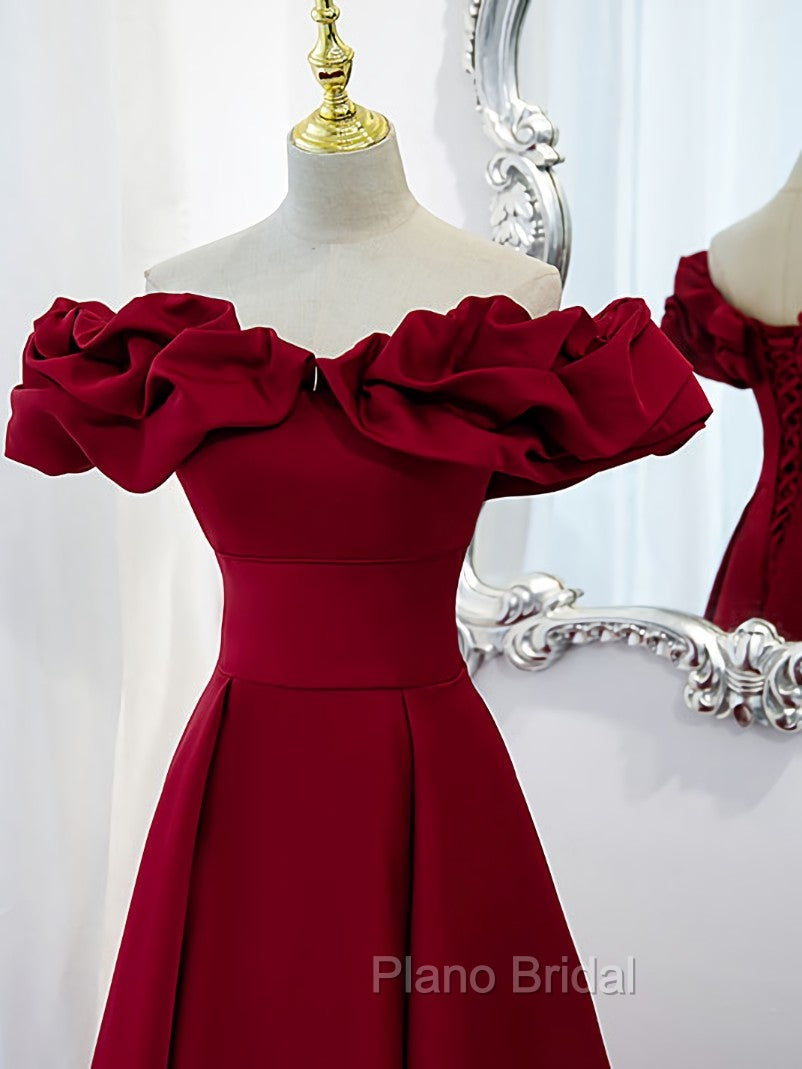 Burgundy A-Line Off Shoulder Satin Short Formal Prom Dresses, Burgundy Homecoming Dresses