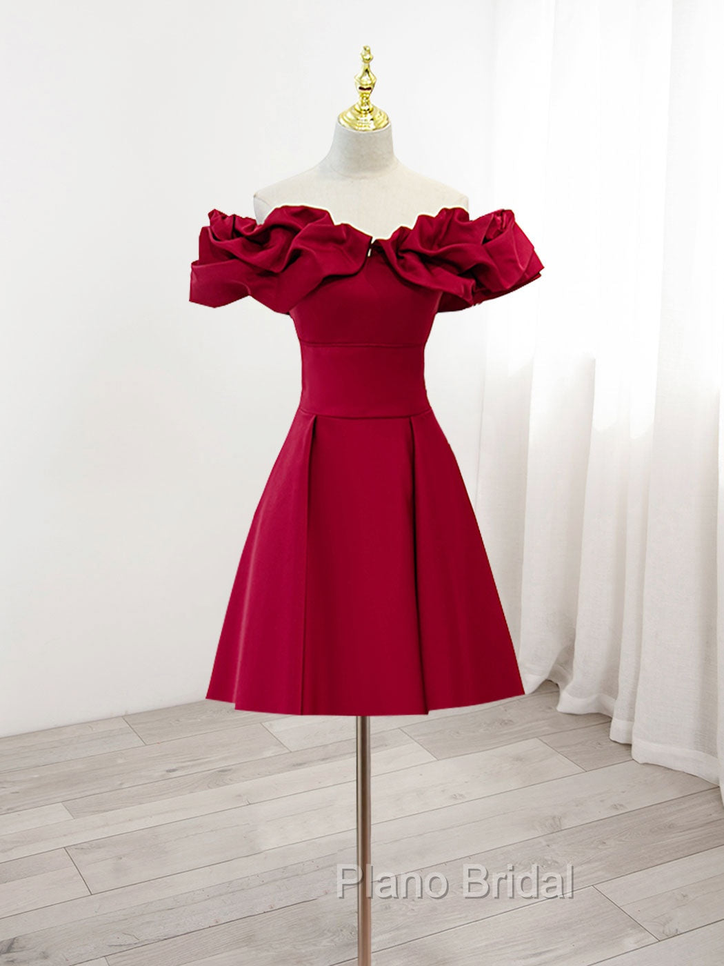 Burgundy A-Line Off Shoulder Satin Short Formal Prom Dresses, Burgundy Homecoming Dresses Main image