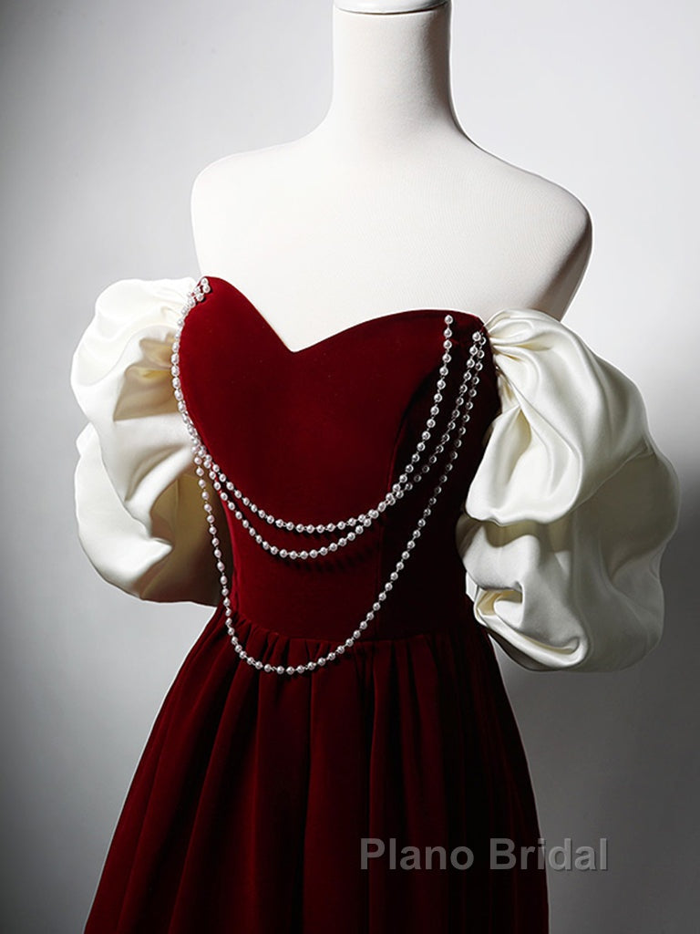 Burgundy A-Line Off Shoulder Velvet Lace Long Formal Prom Dresses, Burgundy Long Formal Dresses