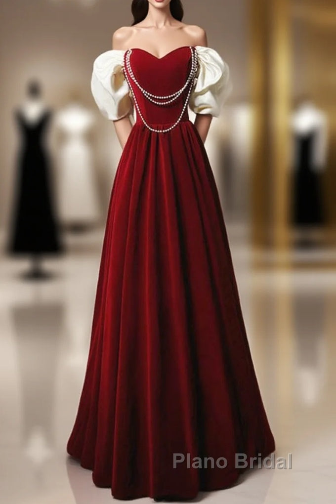 Burgundy A-Line Off Shoulder Velvet Lace Long Formal Prom Dresses, Burgundy Long Formal Dresses Main image