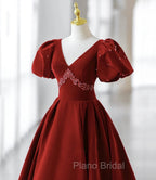 Burgundy A Line Puff Sleeves Velvet Long Formal Prom Dresses Evening Dresses