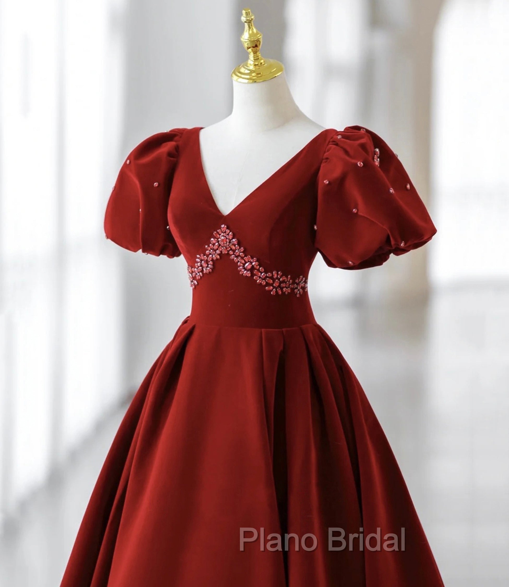 Burgundy A Line Puff Sleeves Velvet Long Formal Prom Dresses Evening Dresses Secondary image