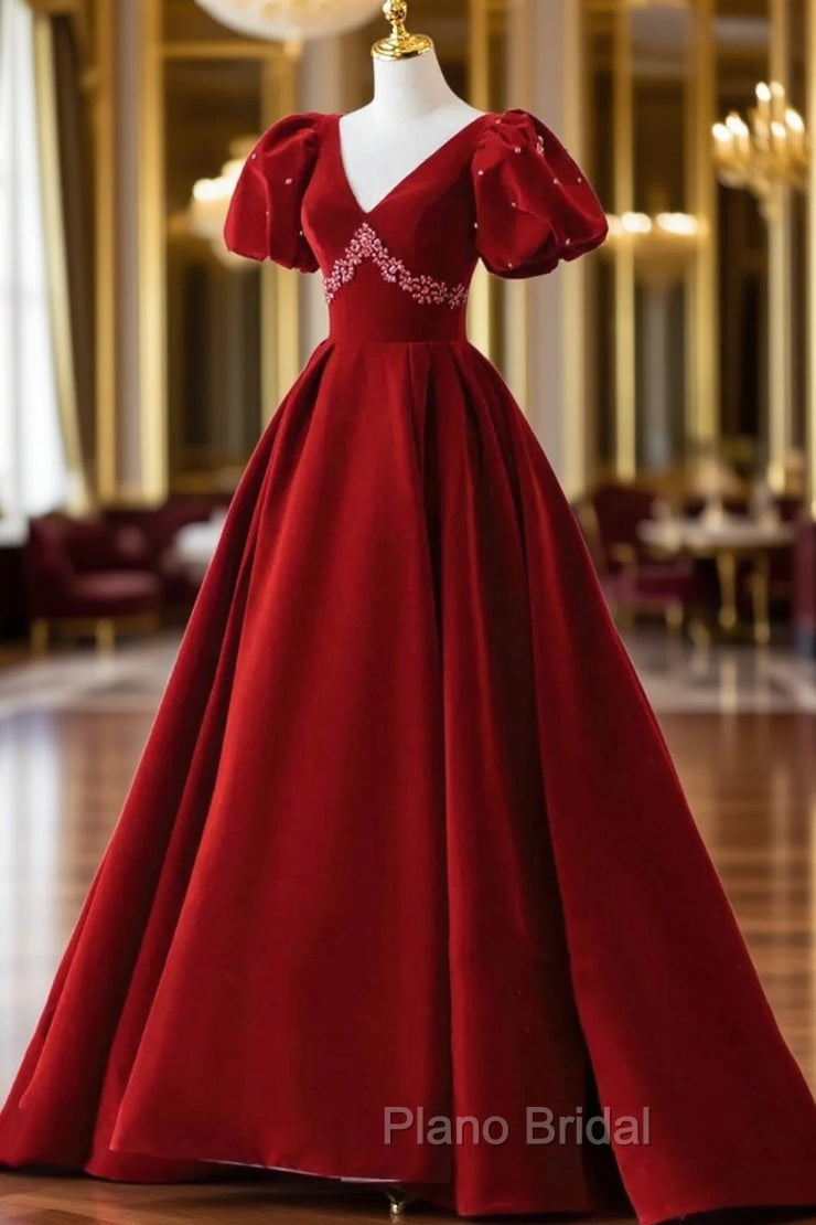 Burgundy A Line Puff Sleeves Velvet Long Formal Prom Dresses Evening Dresses