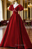 Burgundy A Line Puff Sleeves Velvet Long Formal Prom Dresses Evening Dresses