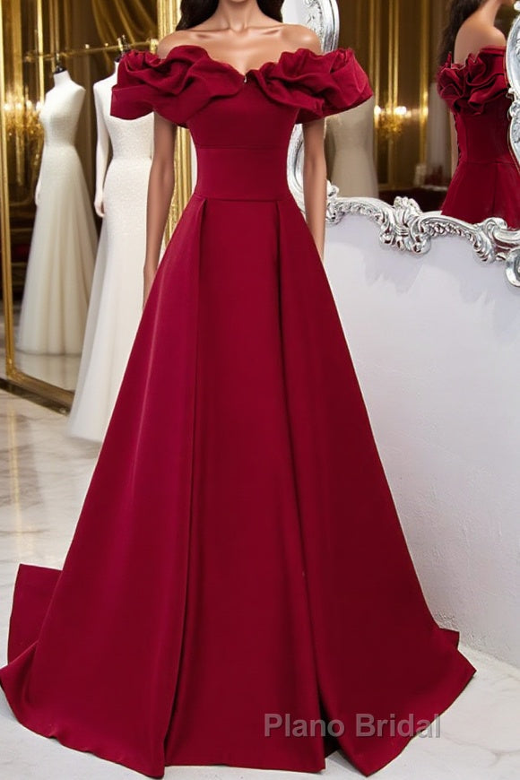 Burgundy A-Line Satin Long Formal Prom Dress, Burgundy Formal Evening Dresses Main image